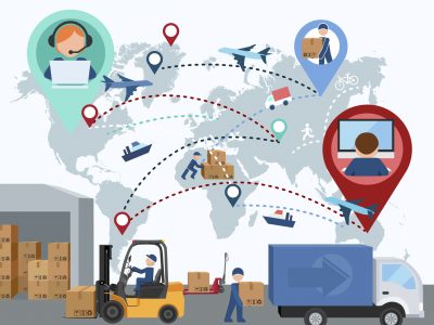 Production, transportation, delivery of cargo. People. Infographics. Forklift. Map. Vector illustration